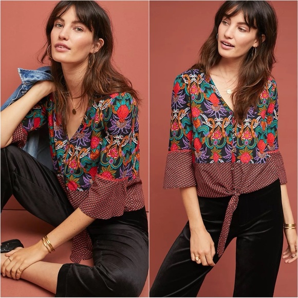 Anthropologie Maeve Top Carter Blouse Button Front Tie Waist 3/4 Sleeve Floral 4 - Picture 1 of 12